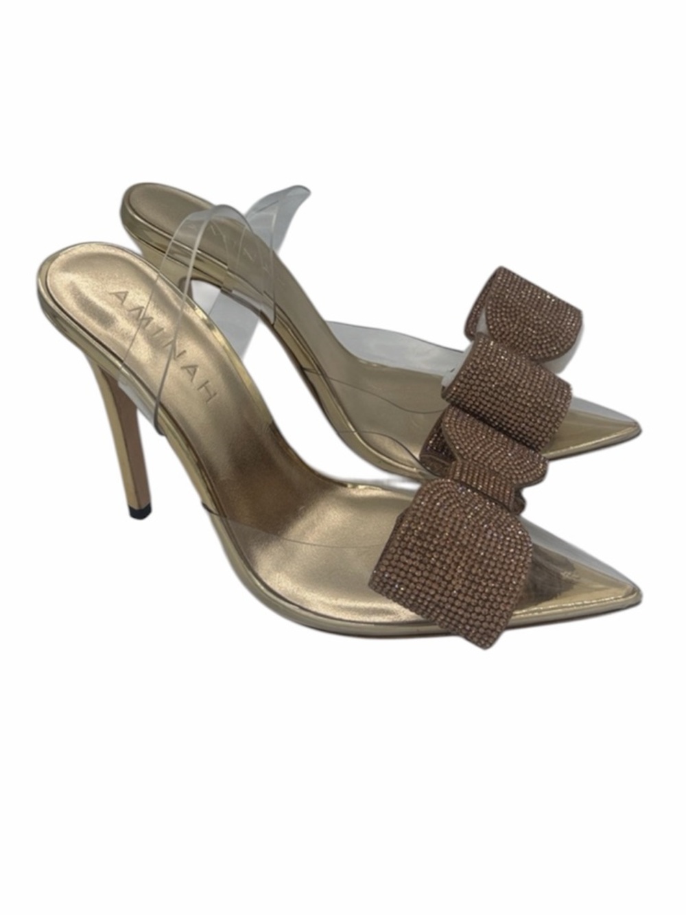 New Aminah Abdul Jillil ALORA TUXEDO
CLEAR + GOLD CRYSTAL BOW 4" Heels Size 8 - Picture 3 of 12